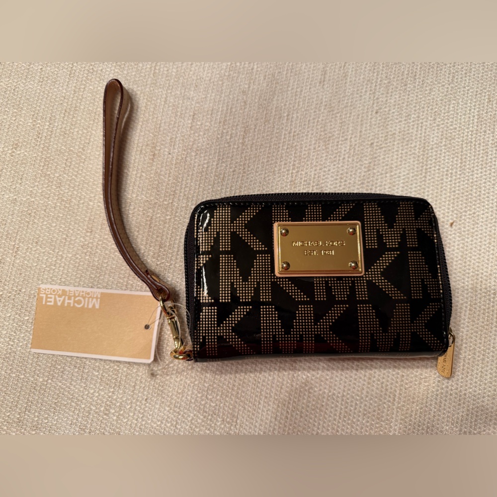 Michael Kors Black and Brown Logo Patent Wristlet with Gold Plate